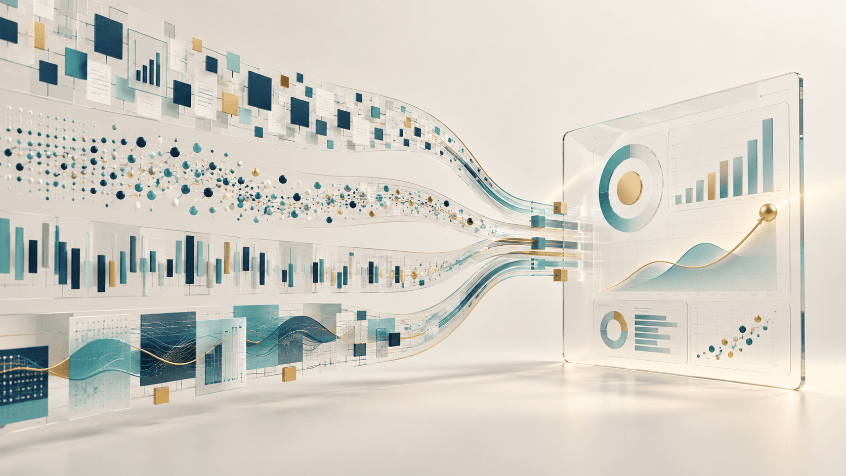 Abstract data streams converging into one governed analytics view with charts and decision signals